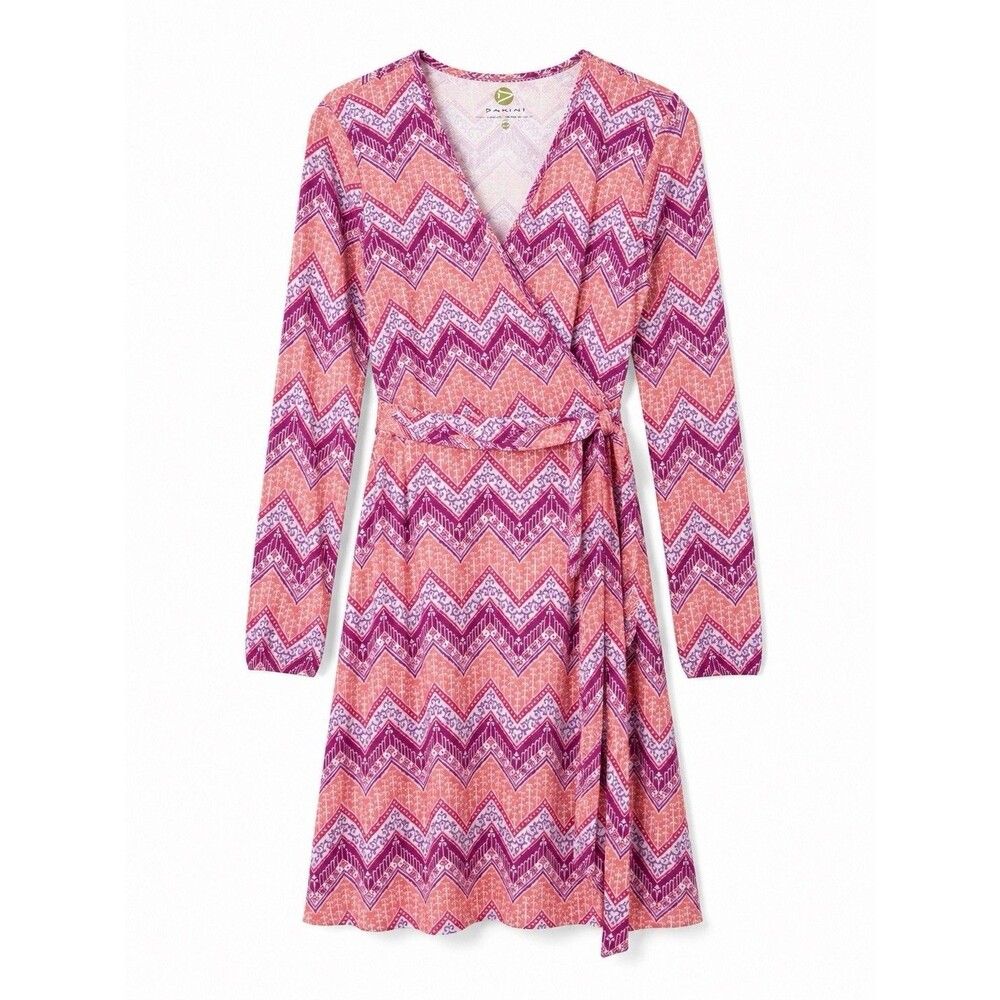 Dakini Long Sleeve Faux Wrap Dress Pink Purple Chevron Geometric Tie Waist SZ M